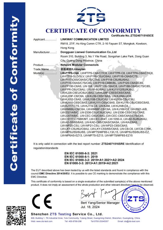 CE Certificate 1 CE certificate for Linkwylan network modular connectors