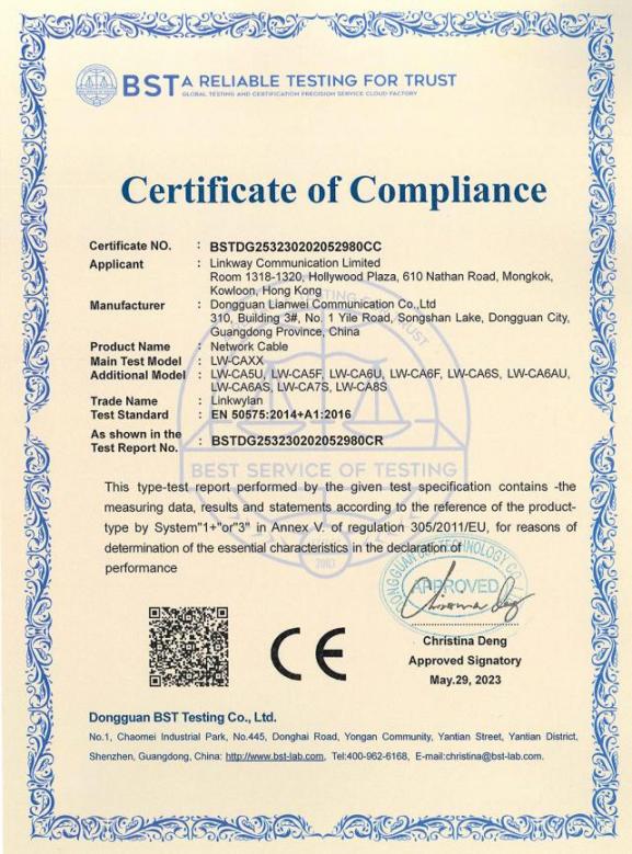 CE Certificate 2 CE certificate for Linkwylan network cables